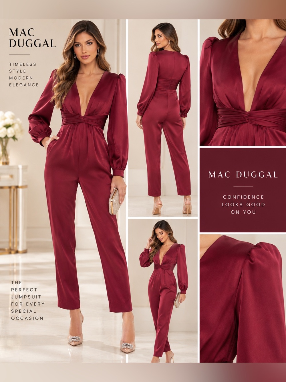 Mac Duggal Ieena Burgundy Satin Deep V Neck Jumpsuit Size 8 NWT